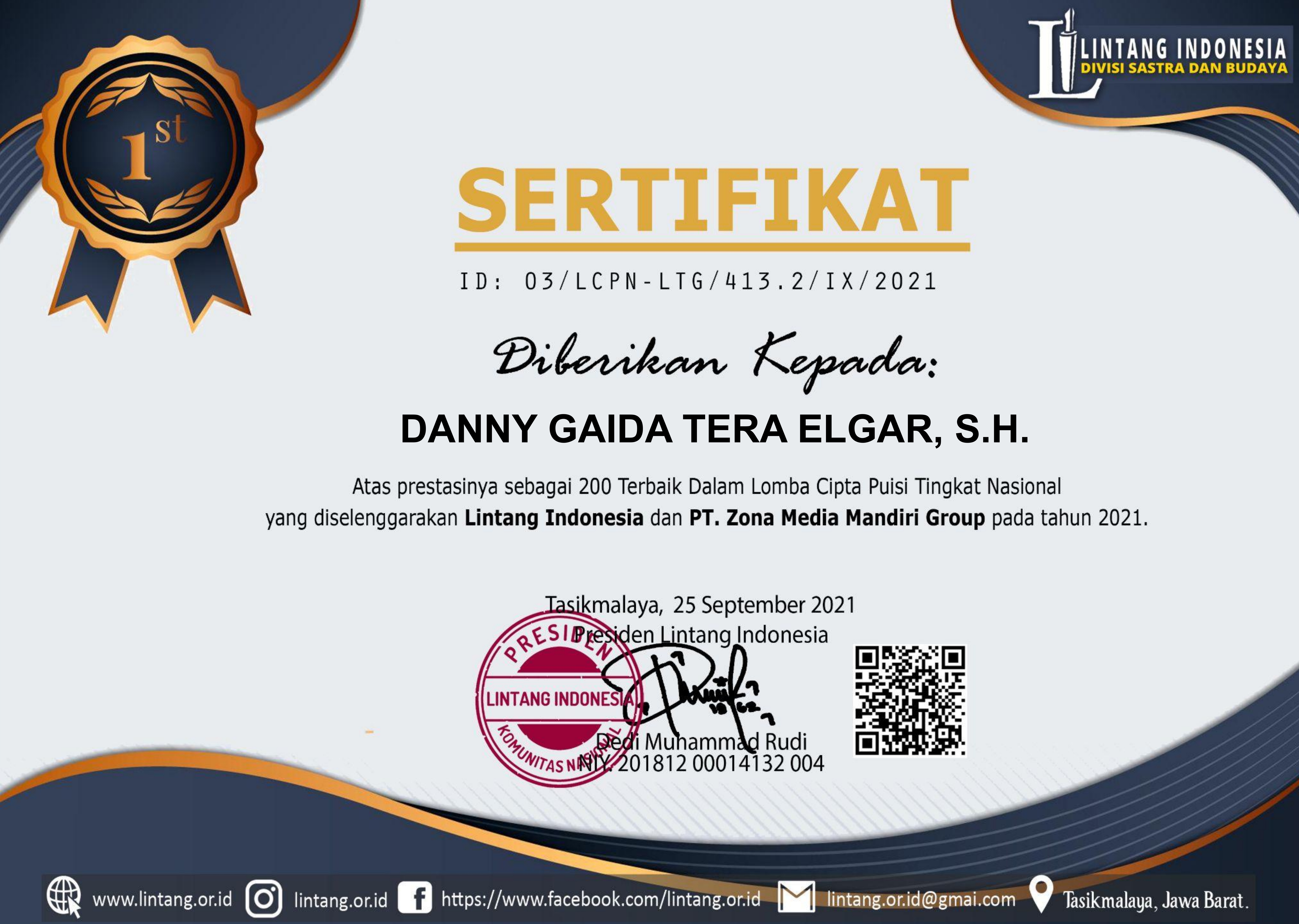 Sertifikat Penghargaan 200 PESERTA TERBAIK Lomba Cipta Puisi Tingkat Nasional Yang Diselenggarakan Lintang Indonesia (Divisi Sastra dan Budaya) dan PT. Zona Media Mandiri Group