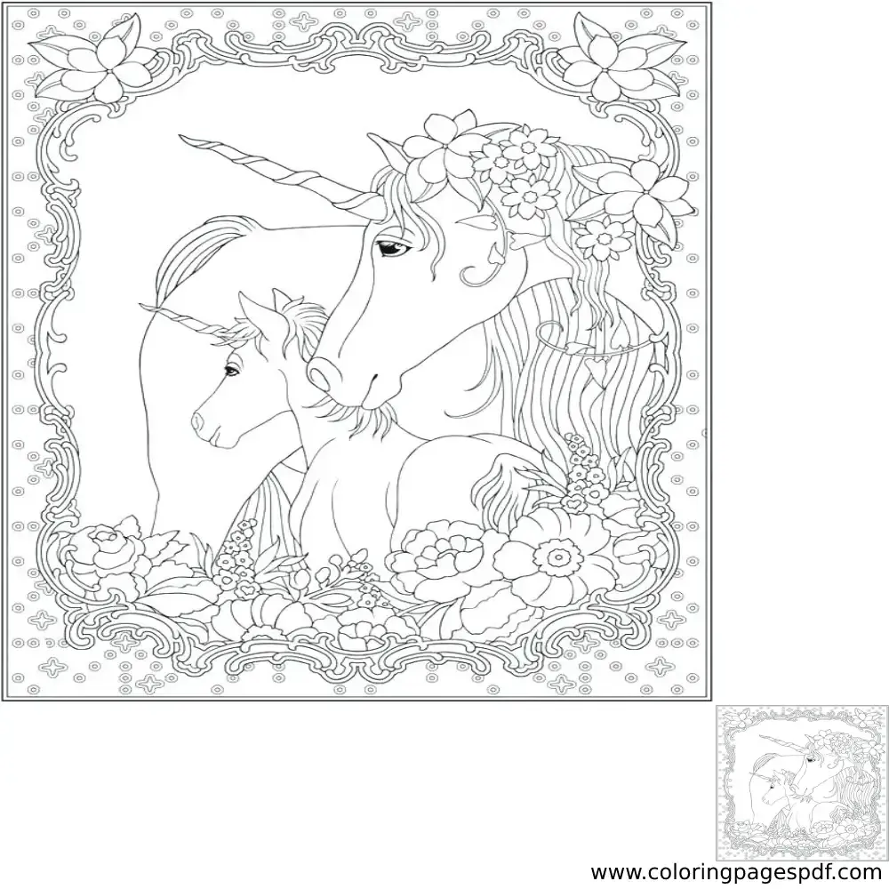 Coloring Page Of Two Unicorns With Flowers