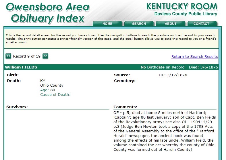 Ohio County, Kentucky History: LOCAL OBITUARIES - (last of this series)