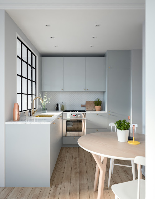 Grey L shaped kitchen layout