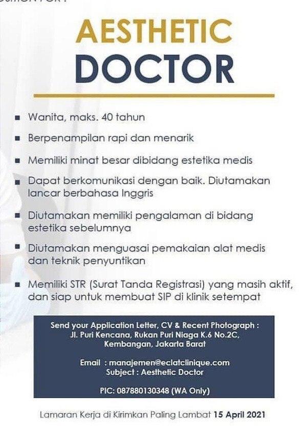 Loker Dokter Aesthetic Doctor Eclat Clinique Jakarta Barat