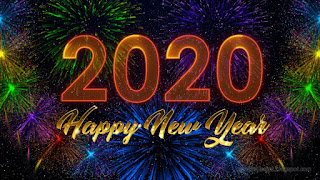 Wonderful Happy New Year 2020 Gold Shines And Neon Light Greeting With Attractive Fireworks Explosion On Dark Starry Night Sky