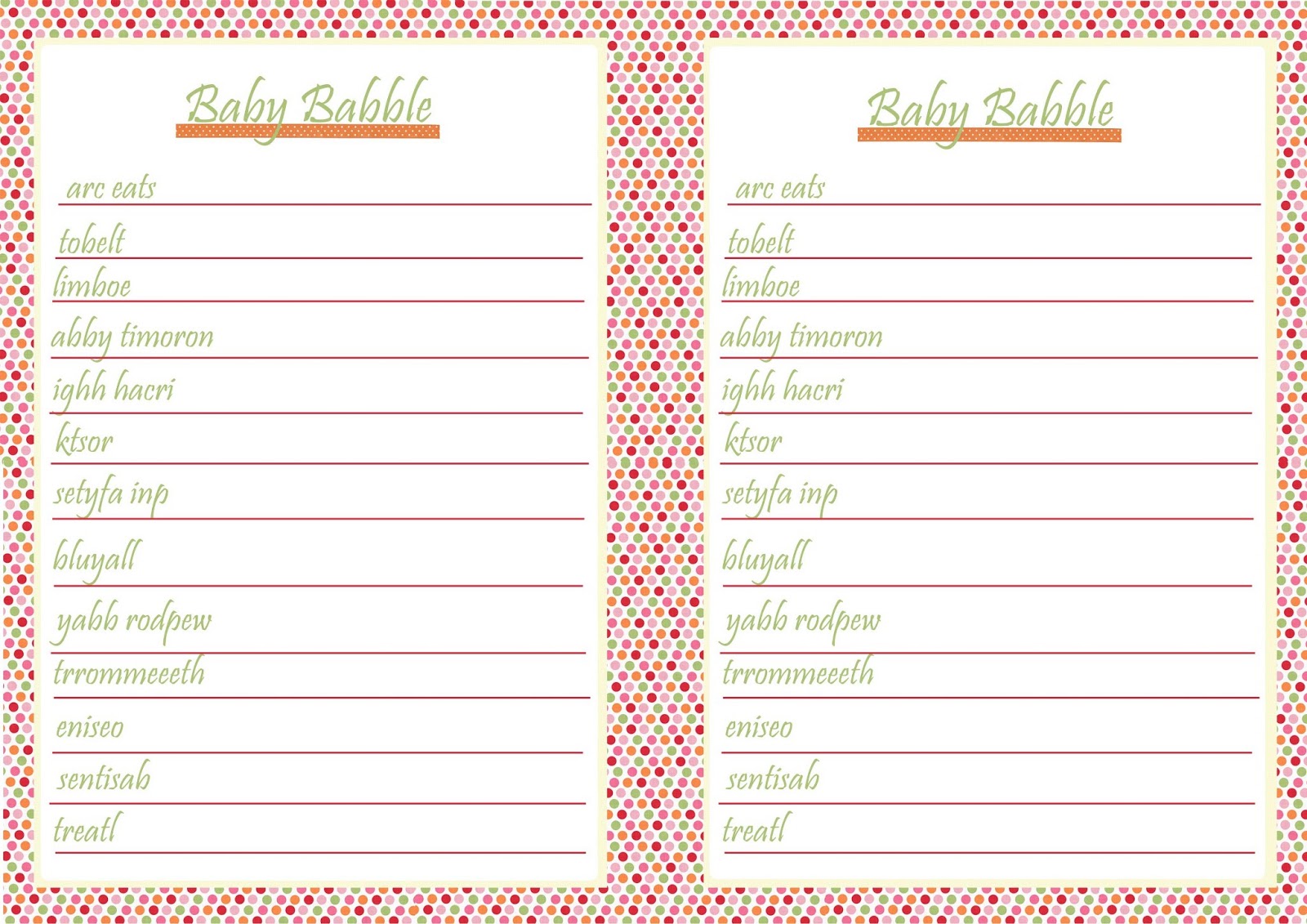 BABY SHOWER GAME JUMBLED WORDS baby shower game