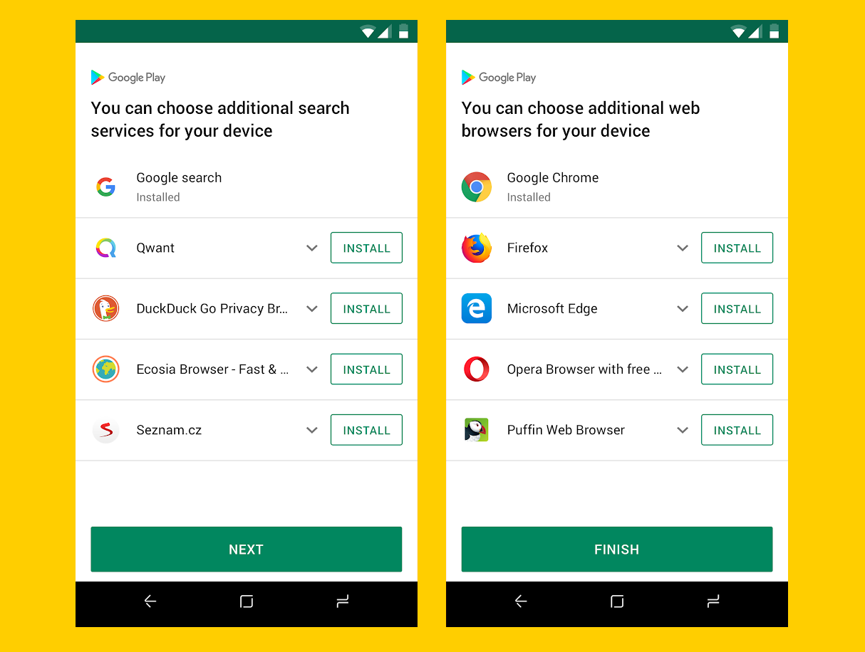 Google is offering extra search app and browser options to Android users in Europe