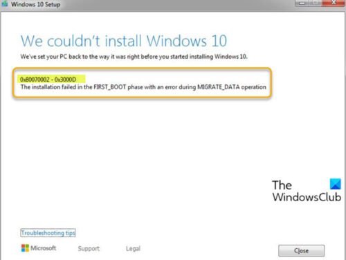 Aggiornamento di Windows 10 Errore di installazione 0x80070002 - 0x3000D