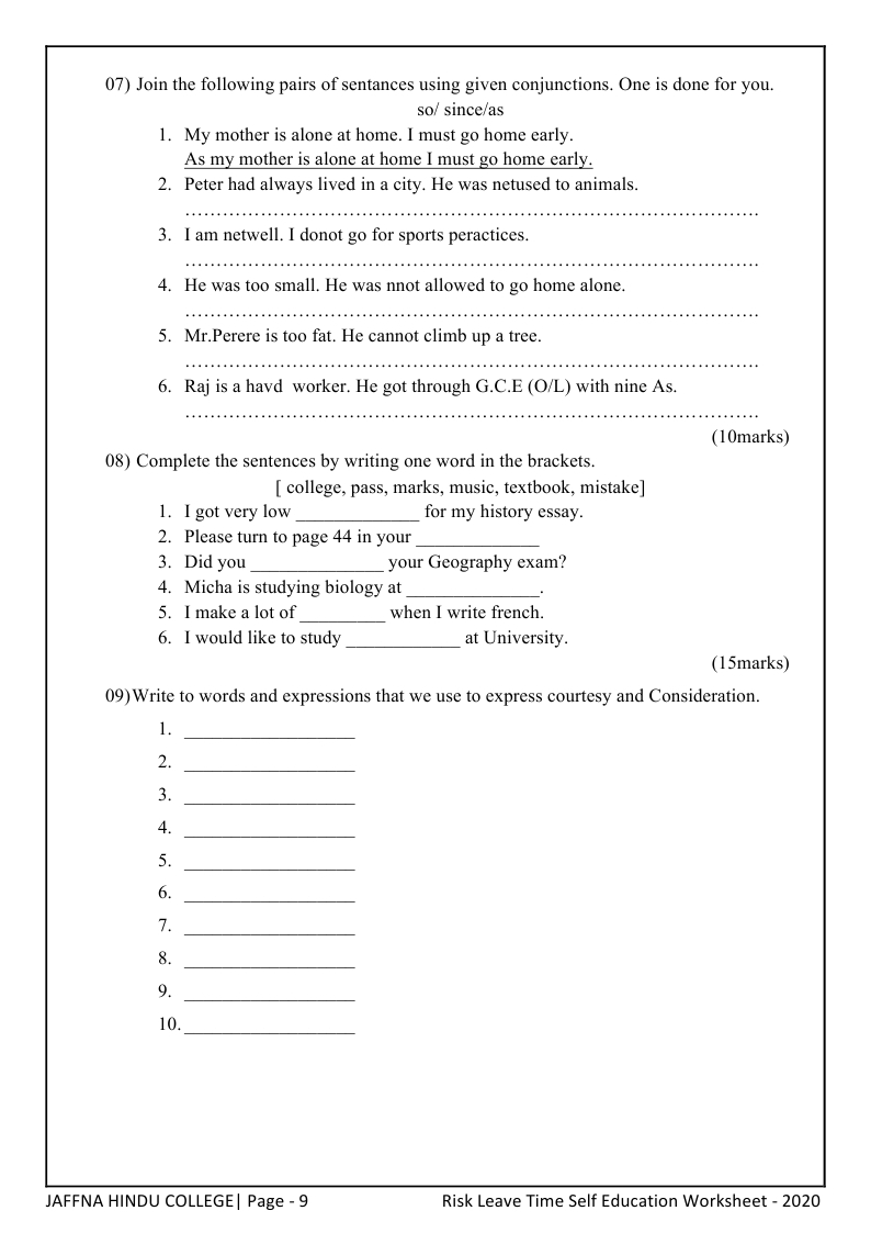 Grade 8_English_2020_COVID 19 Task Work Sheet_J/Jaffna Hindu College ...