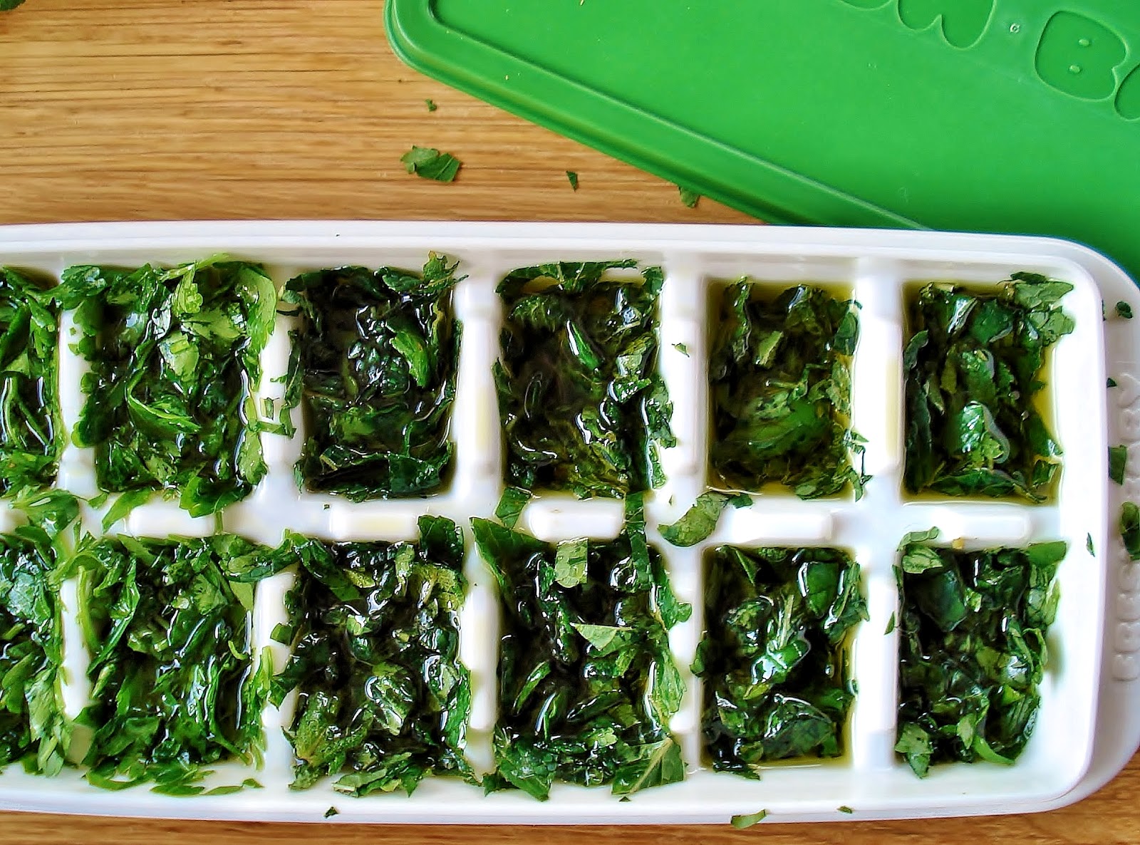 Herbs in extra virgin olive oil packed into ice cube tray
