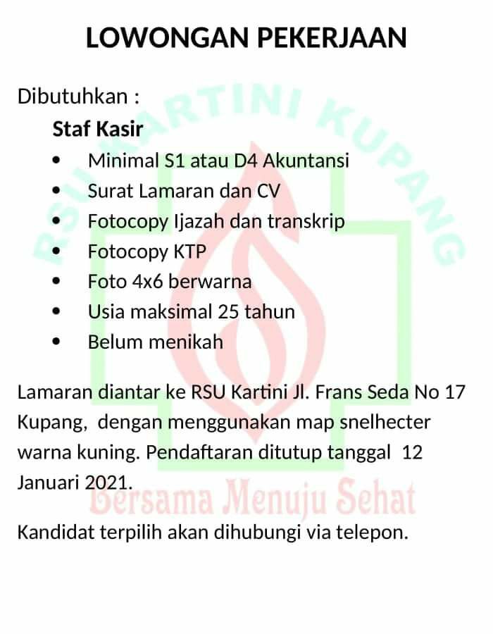 Lowongan Kerja Staf Kasir di Rumah Sakit Kartini Kupang