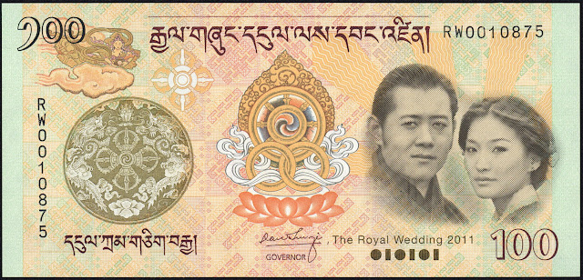 Bhutan Currency 100 Ngultrum Commemorative banknote 2011 Royal Wedding
