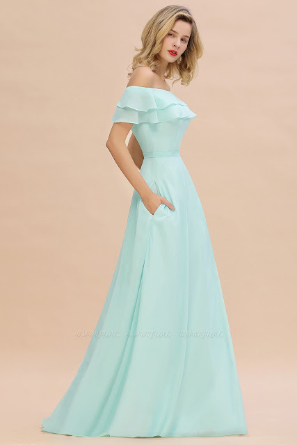 Off-the-shoulder Front-Slit Bridesmaid Dress With Pockets