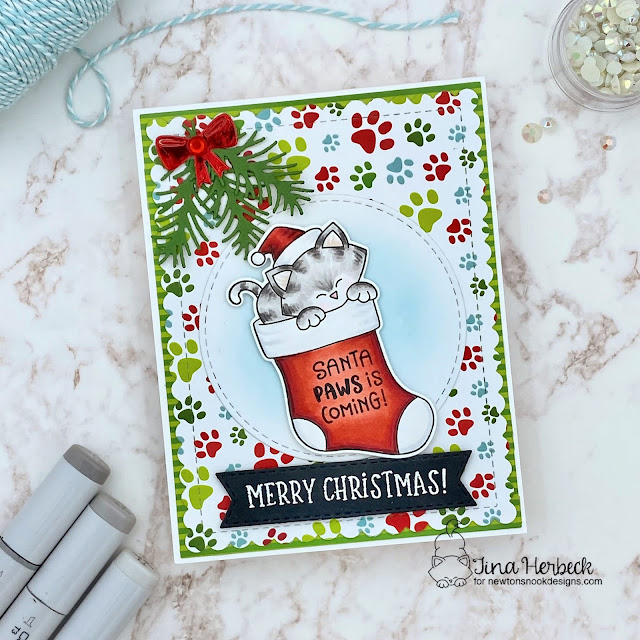 Santa Paws is Coming Card by Tina Herbeck | Newton’s Stocking Stamp Set, Meowy Christmas Paper Pad, Pines & Holly Die Set, Frames & Flags Die Set and Banner Trio Die Set by Newton’s Nook Designs #newtonsnook