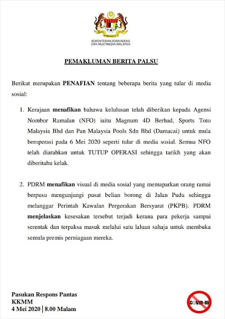 Kerajaan Nafi Izin Buka Kedai Nombor Ekor