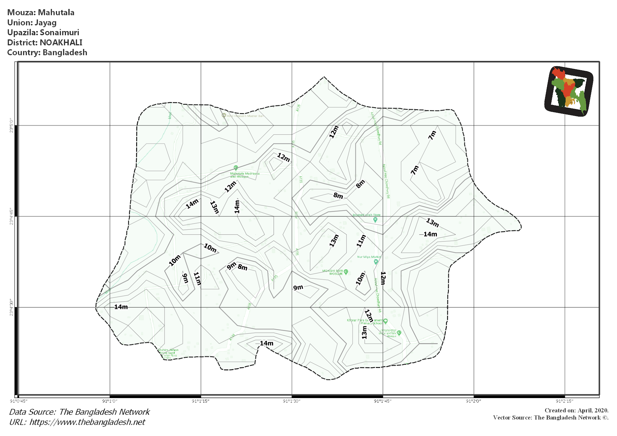 Map of Mahutala Mouza of Sonaimuri Upazila, NOAKHALI, Bangladesh.