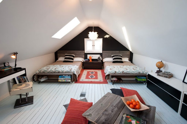 Kinderzimmer-dachschräge-mit-Oberlicht-und-weiß-holzboden-in-industrial-Design