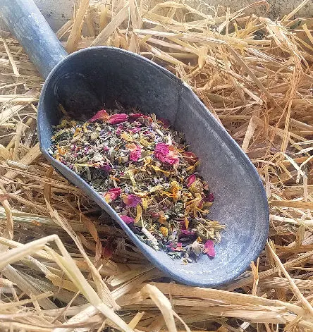 metal scoop with dried herbs on shavings