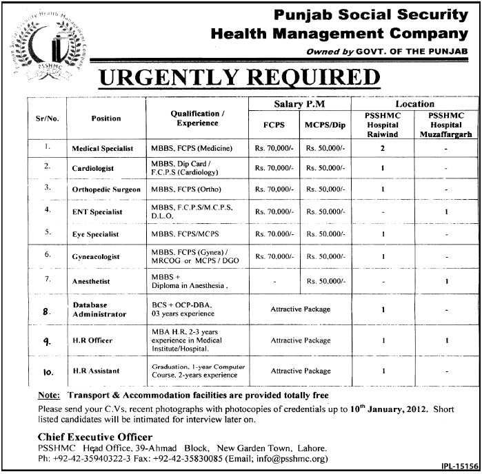 Punjab Social Security Lahore Jobs