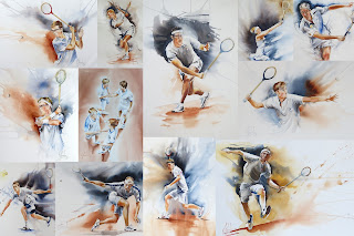 original watercolour paintings of rackets and real tennis at Queens Club London