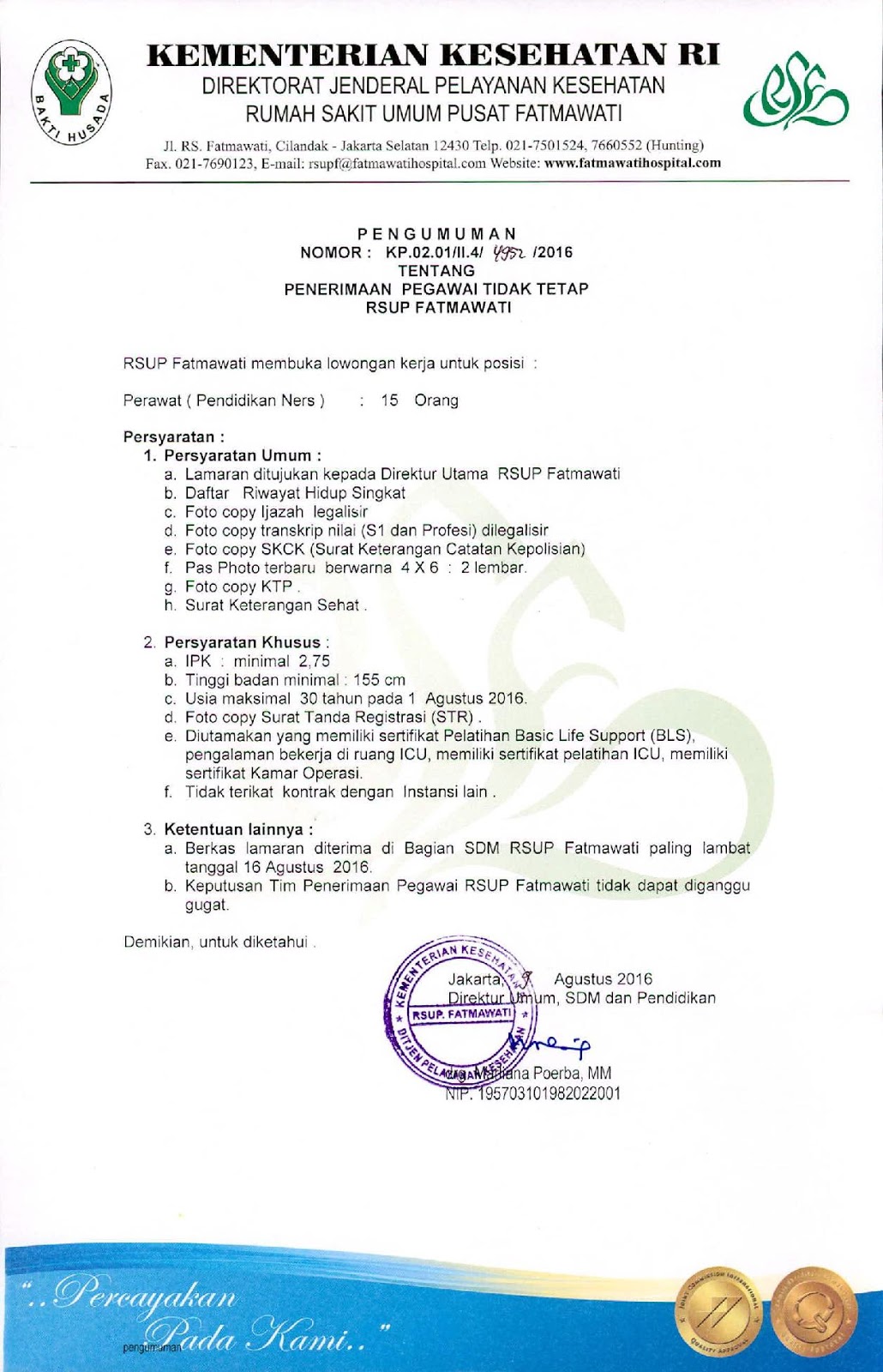 Lowongan Kerja Perawat & Terapi Wicara di RSUP Fatmawati 2016