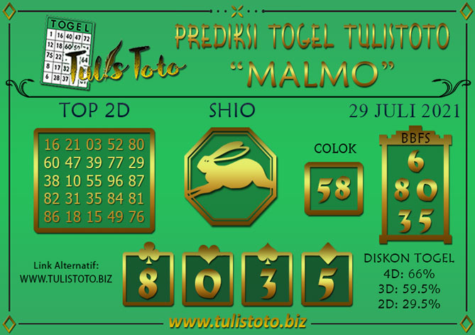 Prediksi Togel MALMO TULISTOTO 29 JULI 2021