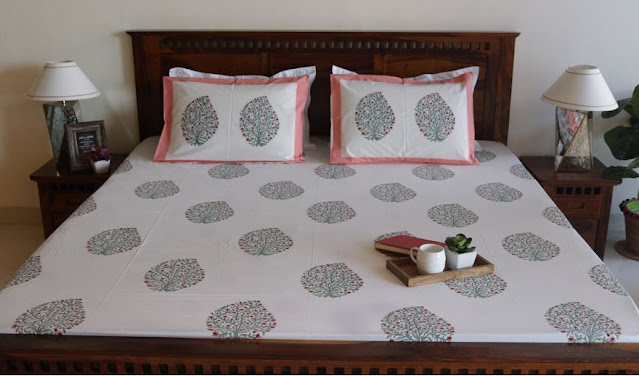 Rosey Brush Hand Block Print Double Bed Sheet With Pillow Covers