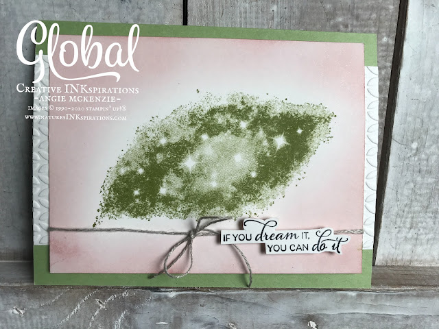 By Angie McKenzie for Global Creative Inkspirations; Click READ or VISIT to go to my blog for details! Featuring the retired Stargazing stamp set from the 2019-20 Annual Catalog; #stargazingstampset #fussycutting #greeneryembossingfolders #inkblending #stampingtechniques #cardtechniques #stampinup #handmadecards #stampinupinks #oldworldpaper3dembossingfolder #linenthread #friendshipcards #ifyoudreamityoucandoit