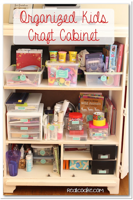 Great Craft Organization of kids craft supplies using printable labels. #Crafts #Kids #Organizing #RealCoake