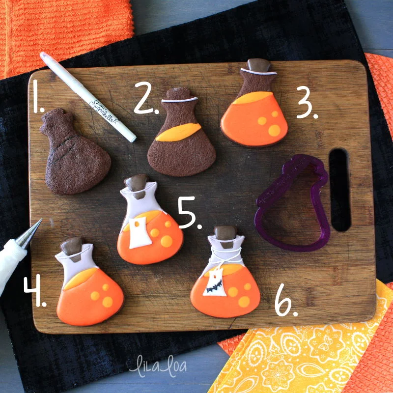 how to make Halloween potion bottle cookies - a step by step cookie decorating tutorial