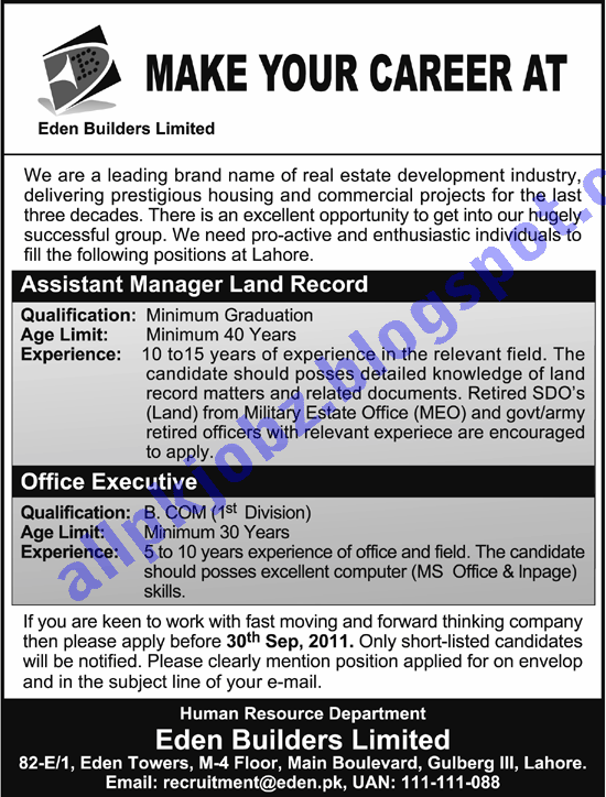Jobs in Eden Builders Jobs in Pakistan,Career in Pakistan,Govt. Jobs