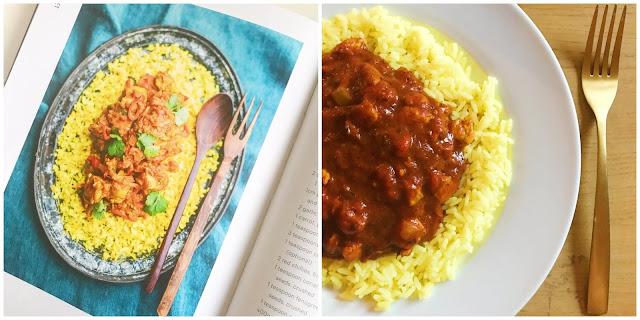 collage - left side has photo of curry from recipe book, right side has ours