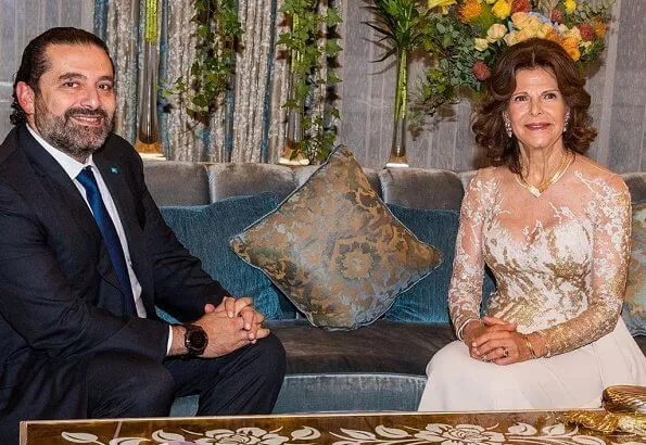 Queen Silvia wore Elie Saab gown from Elie Saab Couture Spring 2019 at charity dinner. Queen met Prime Minister Saad Hariri