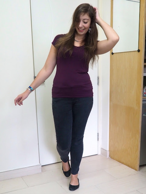 Nightfall - outfit of fitted deep purple t-shirt, dark grey skinny jeans and black ballet flats