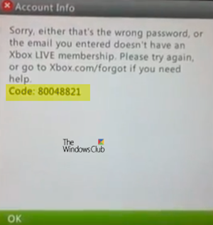 Xbox Live 로그인 오류 80048821