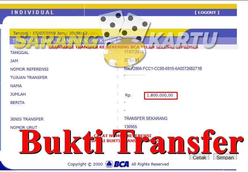 Selamat Kepada Member Sarang Kartu Atas Kemenangan Sebesar Rp 1.800.000