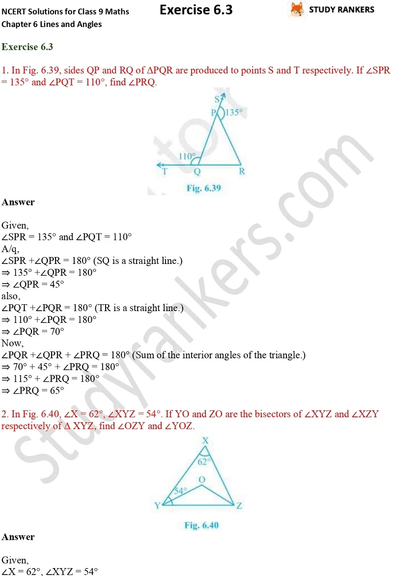 NCERT Solutions for Class 9 Maths Chapter 6 Lines and Angles Exercise 6.3 Part 1