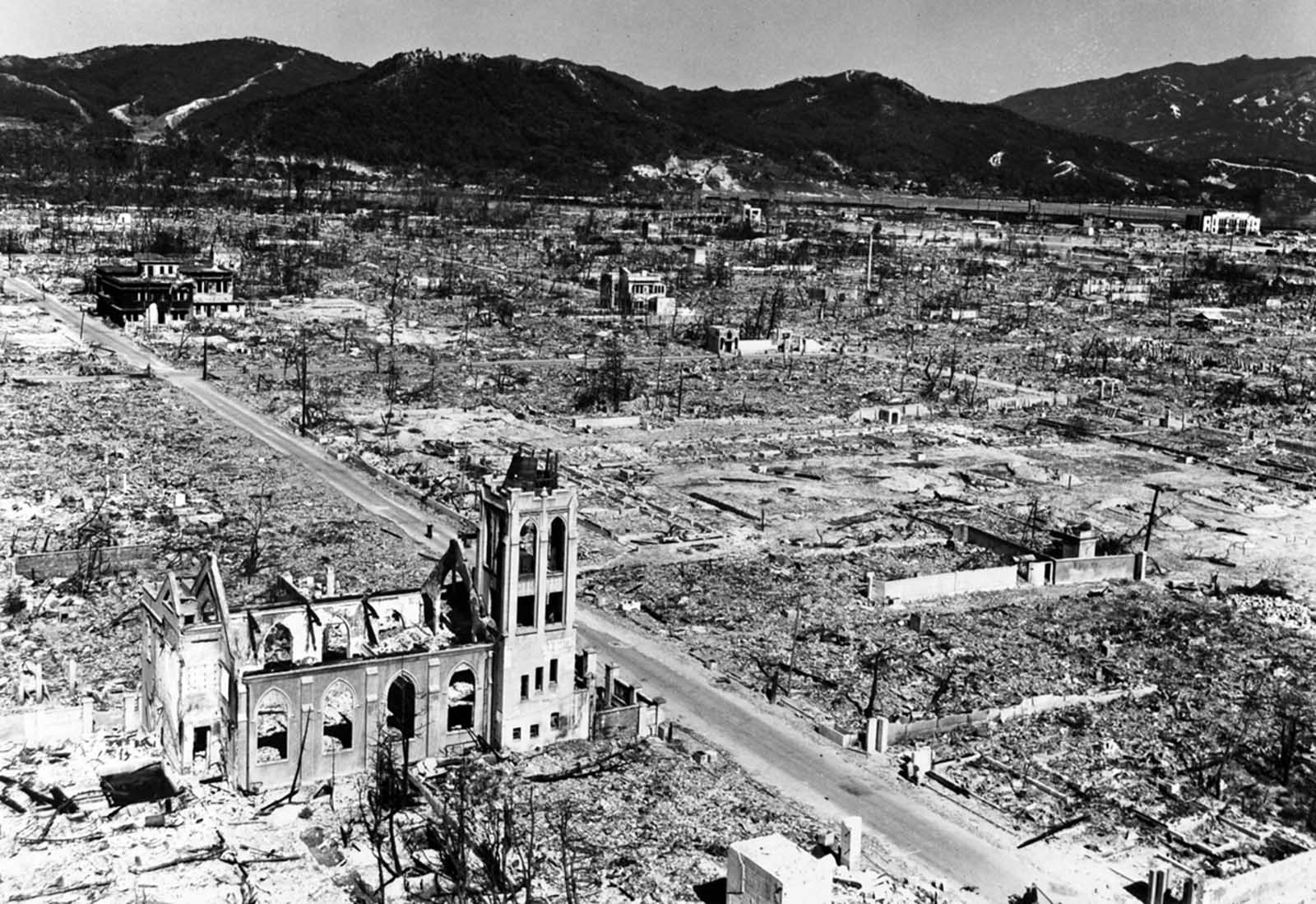 The shattered Nagarekawa Methodist Church stands amid the ruins of Hiroshima.