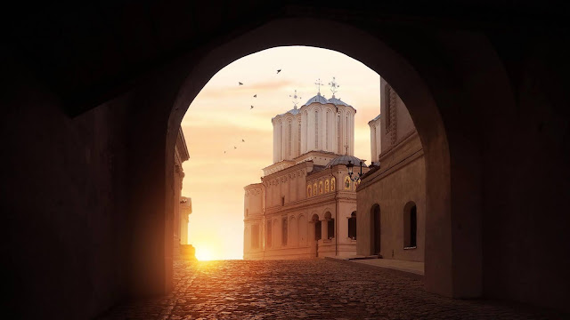 Temple, building, birds, sunset, sun, twilight sky wallpaper.