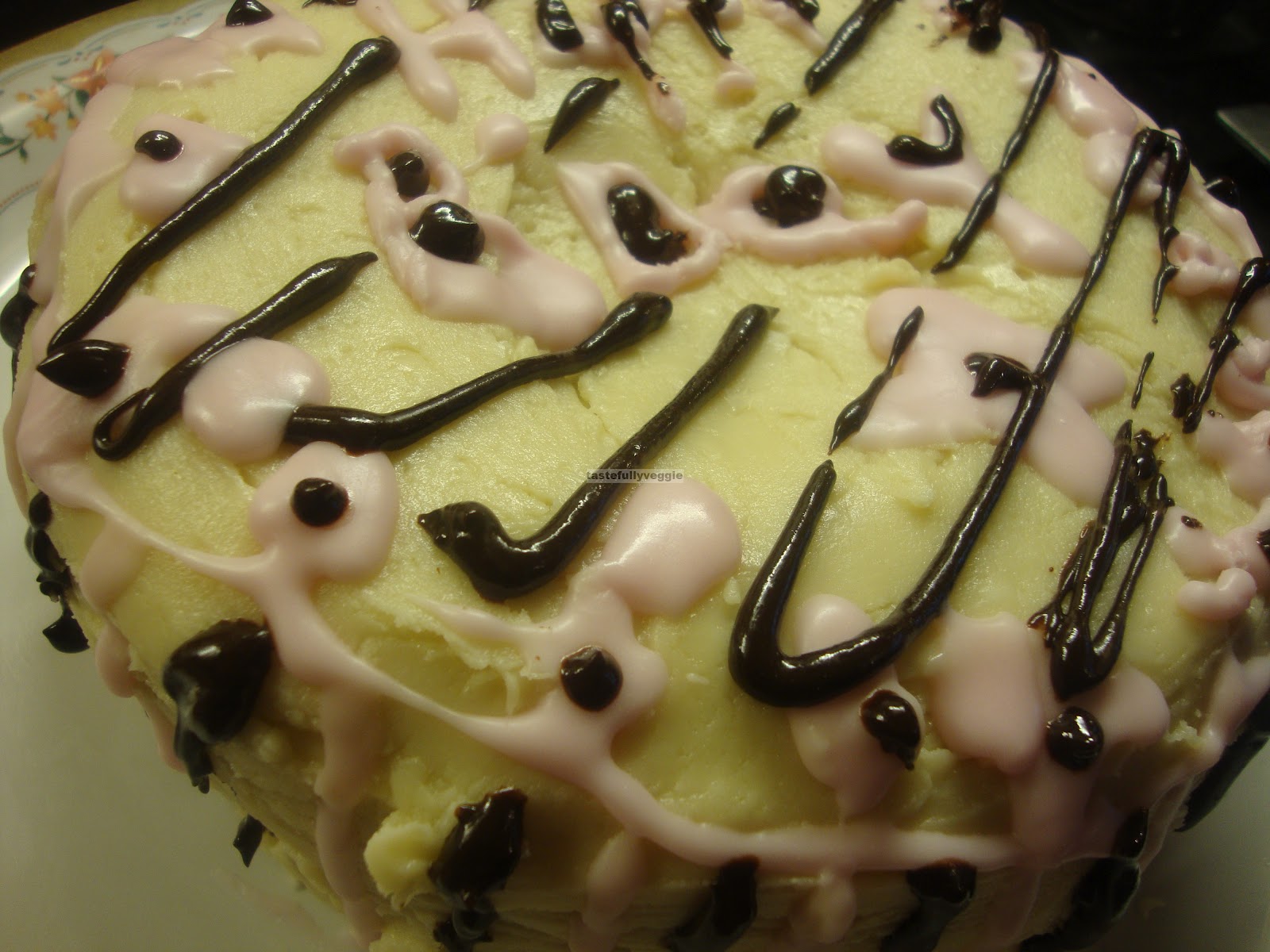 Tastefully Veggie Vanilla Cake with Butterscotch Frosting (Eggless)