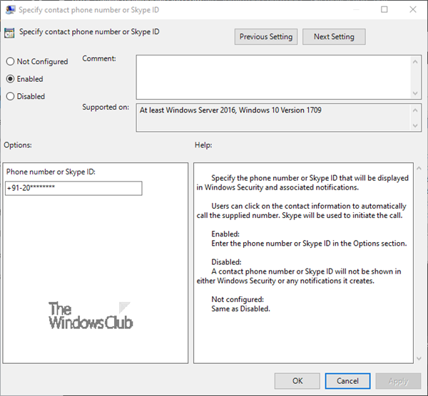 настроить контактную информацию службы поддержки в Windows Security