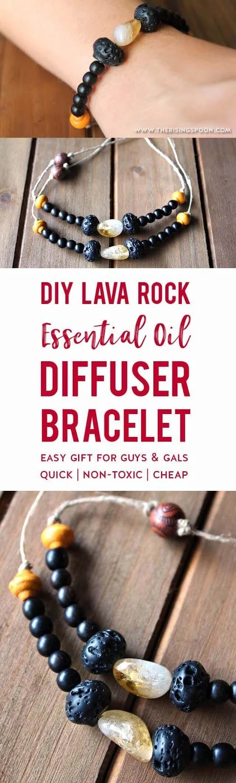 Learn how to make an easy essential oil diffuser bracelet using inexpensive non-toxic materials like citrine stone, porous lava rock, and hemp cord. Decorate the bracelet with your favorite accent beads to make it look unique while you enjoy the aromatherapy benefits. This makes a great DIY gift for both gals and guys and is a simple enough craft project for kids to help out.