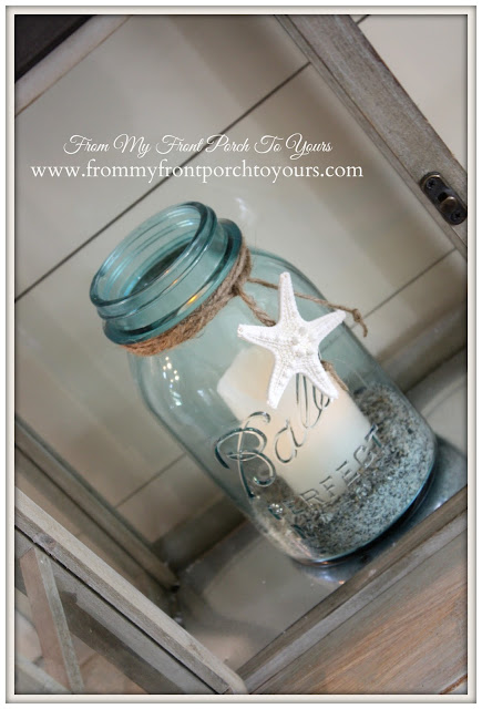 Simple Nautical Fireplace Mantel Display-Vintage Blue Mason jar-Starfish- From My Front Porch To Yours