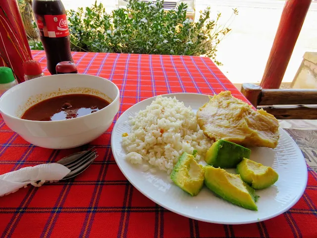 beef stew, matoke, rice, and avocado in Uganda