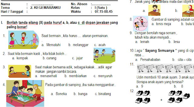 Download Soal PAS/UAS Kelas 1 Semester 1 Kurikulum 2013