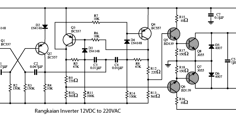 Rangkaian Inverter 12 VDC ke 220 VAC-100 Watt
