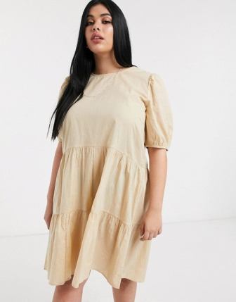 Only Curve poplin mini smock dress with puff sleeves in beige