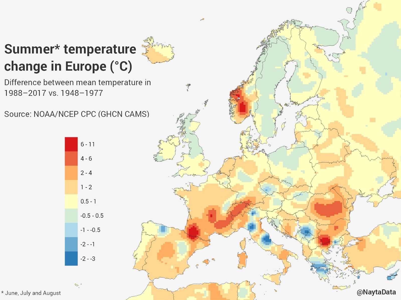 Summer temperatures in Europe: 1988–2017 vs. 1948–1977