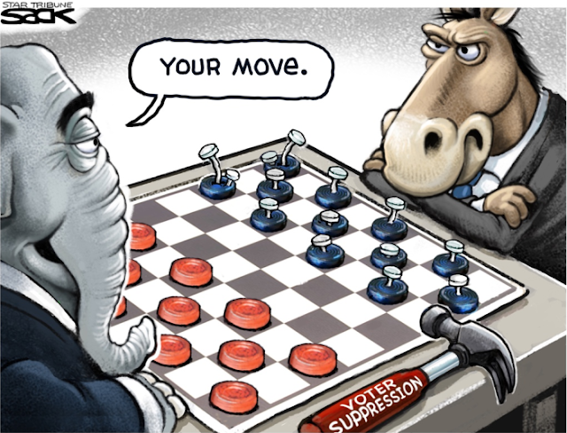 Republican Elephant and Democratic Donkey playing checkers.  Next to the Elephant is a hammer labeled 