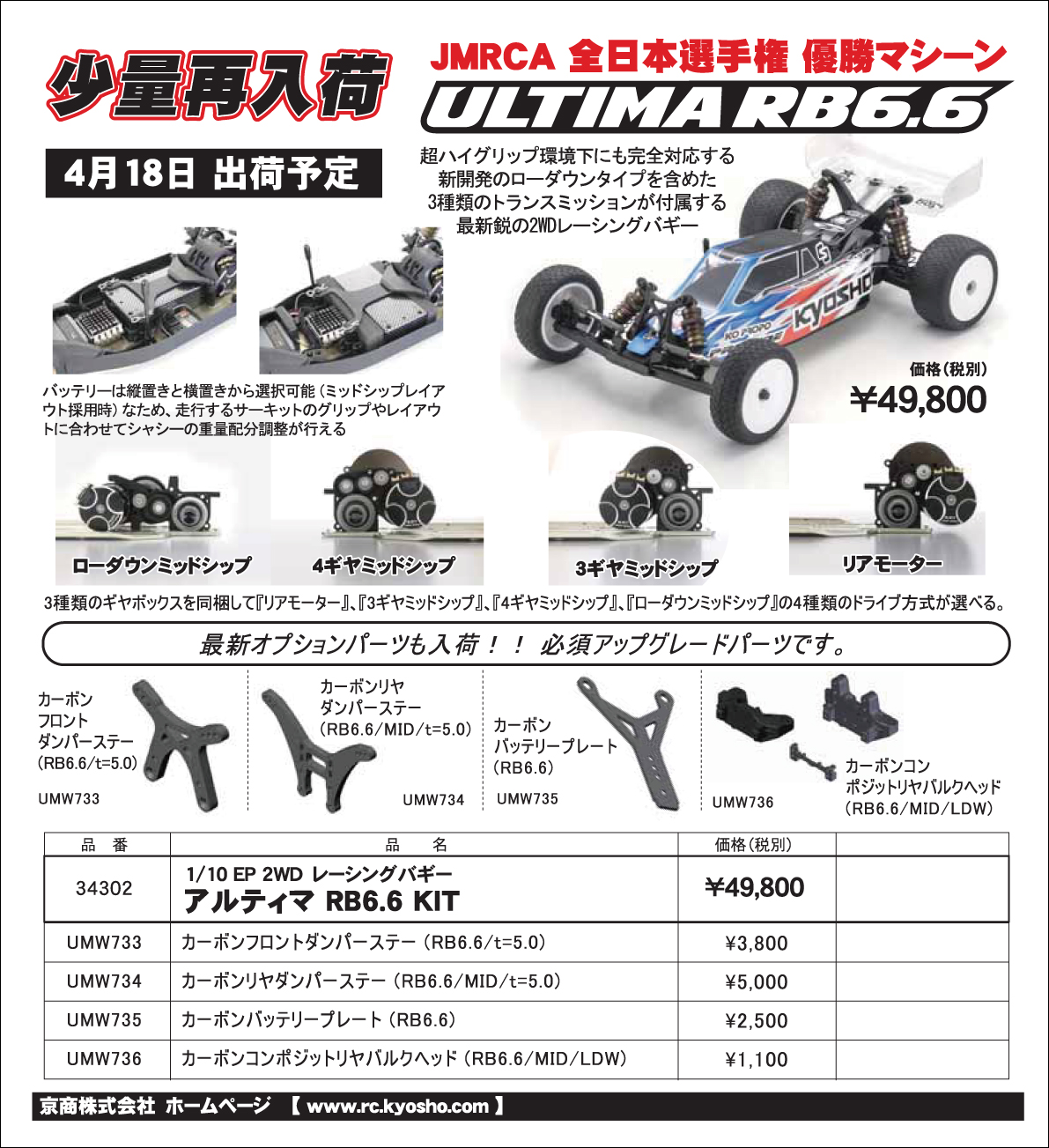 京商「1/10 電動 2WD レーシングバギー アルティマ RB6.6」再入荷