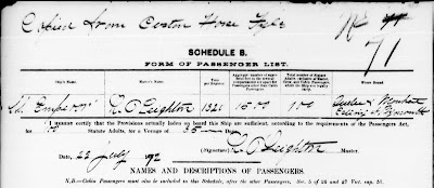 Ancestry.com, "Canadian Passenger Lists, 1865-1935," database and images, Ancestry.com (www.ancestry.com : accessed 26 Mar 2020); citing S.S. Emperor passenger list dated 22 July 1872, p. 1.