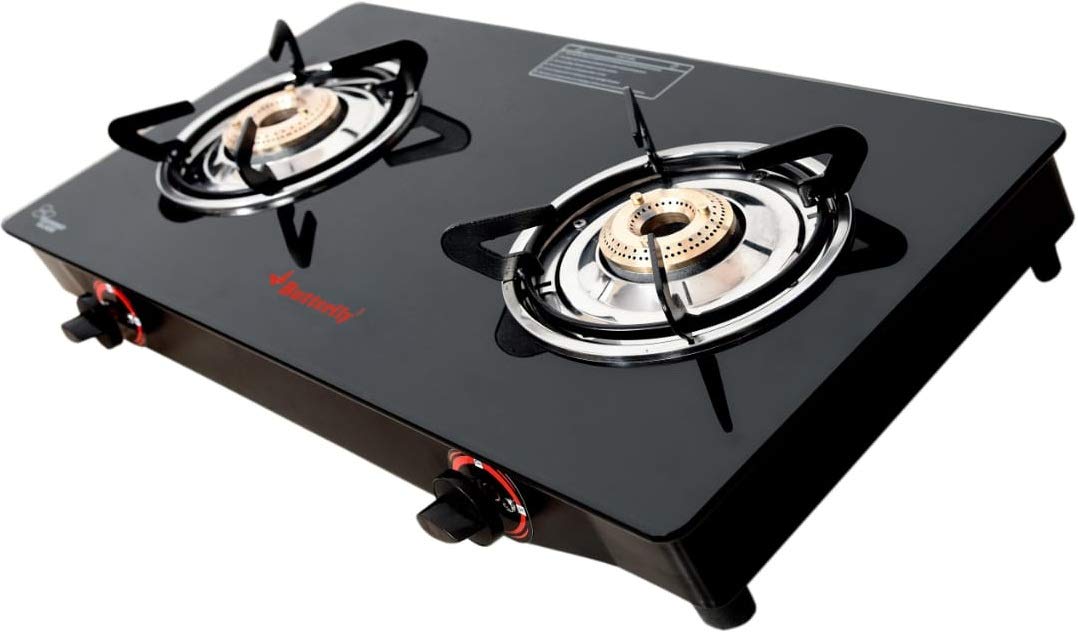 Butterfly Smart Glass 2 Burner Gas Stove, Black