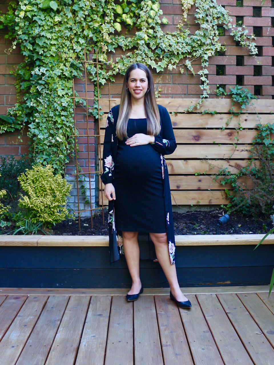 Jules in Flats - Midi Dress with Kimono Third Trimester Work Outfit (Business Casual Workwear on a Budget)